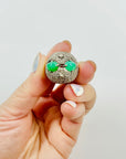 ANTIQUE SILVER RING WITH EMERALD CABOCHON AND FILIGREE DOME