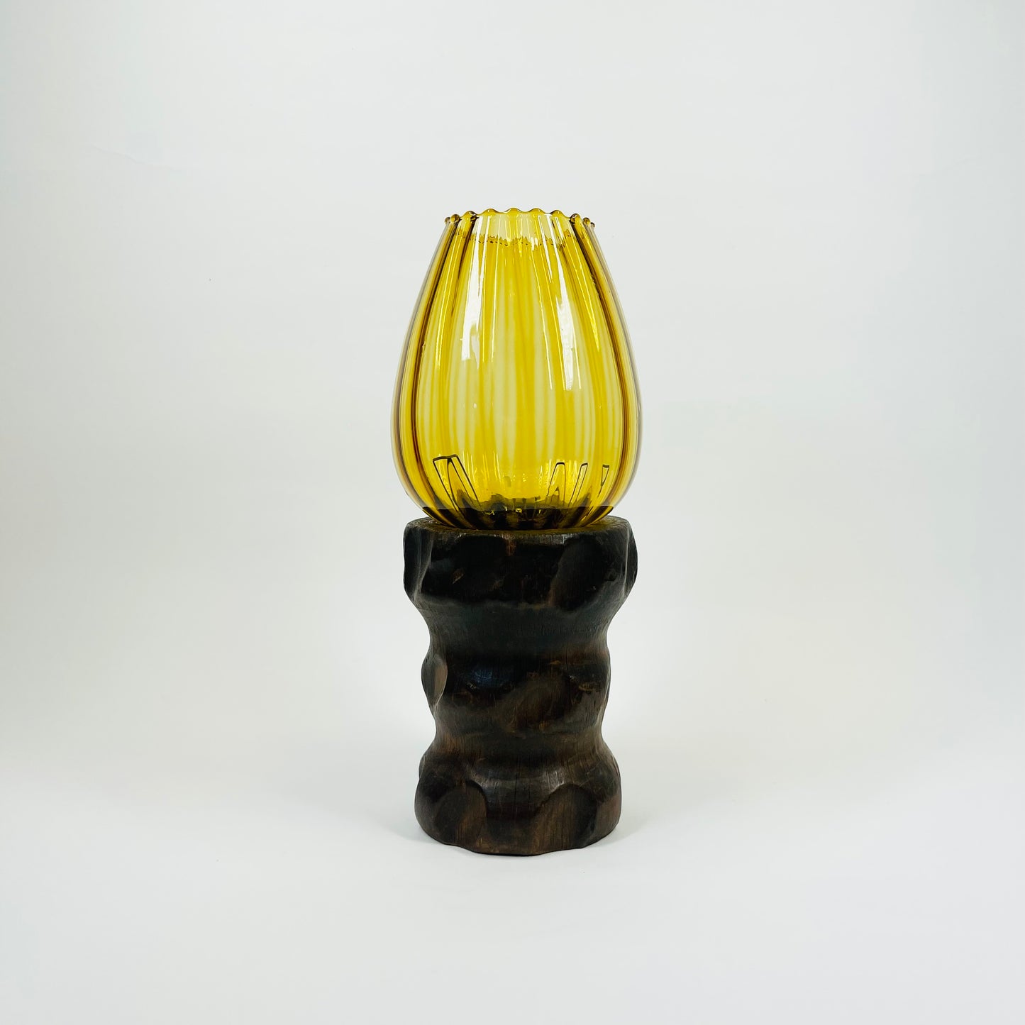 1970s AMBER GLASS LANTERN ON WOODEN BASE