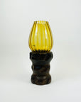 1970s AMBER GLASS LANTERN ON WOODEN BASE