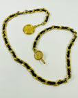 1980s CHANEL MATELASSE BLACK LEATHER GOLD PLATED MEDALLION LOGO BELT/NECKLACE