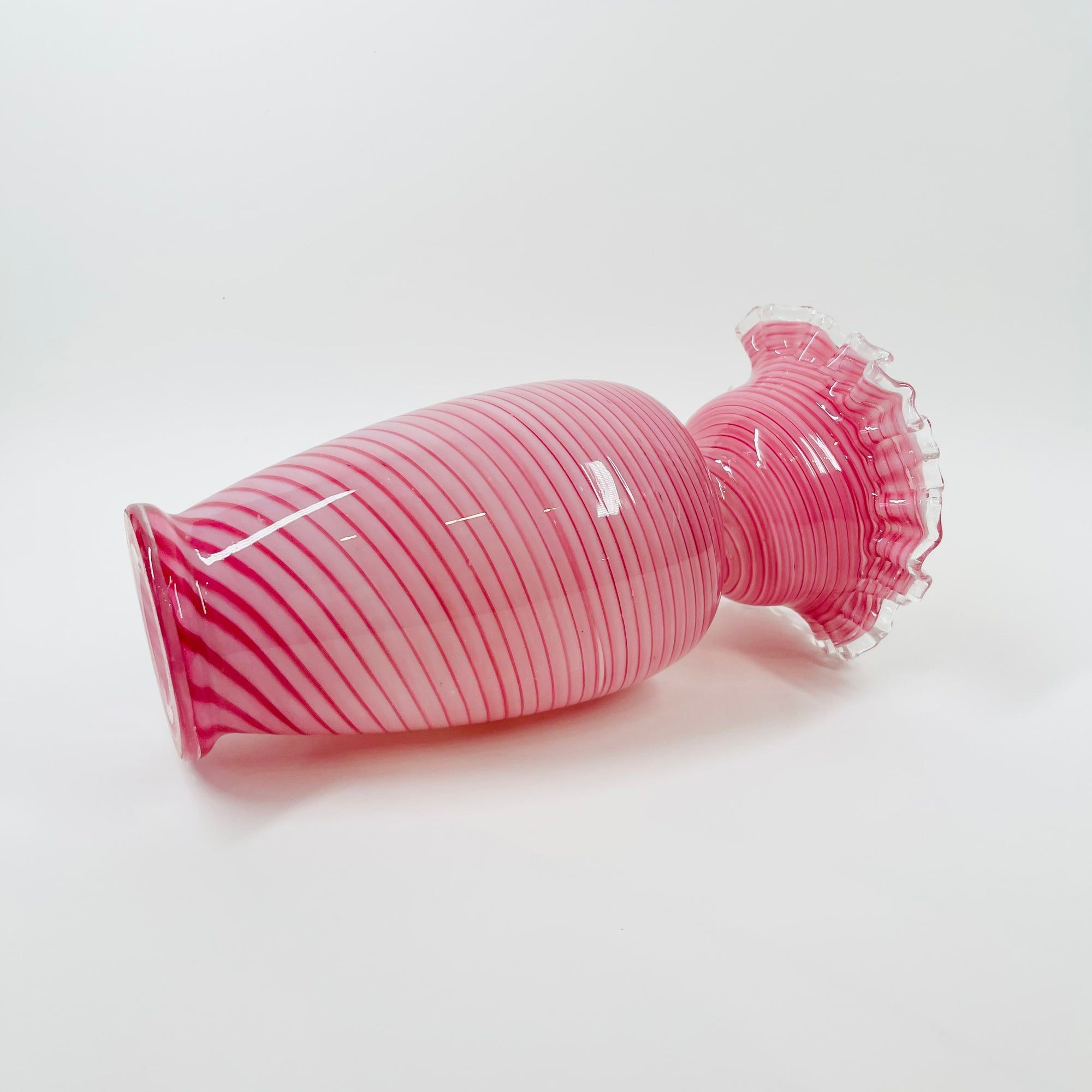 ANTIQUE MOUTH BLOWN PINK LATTICINO RUFFLE RIM VASE