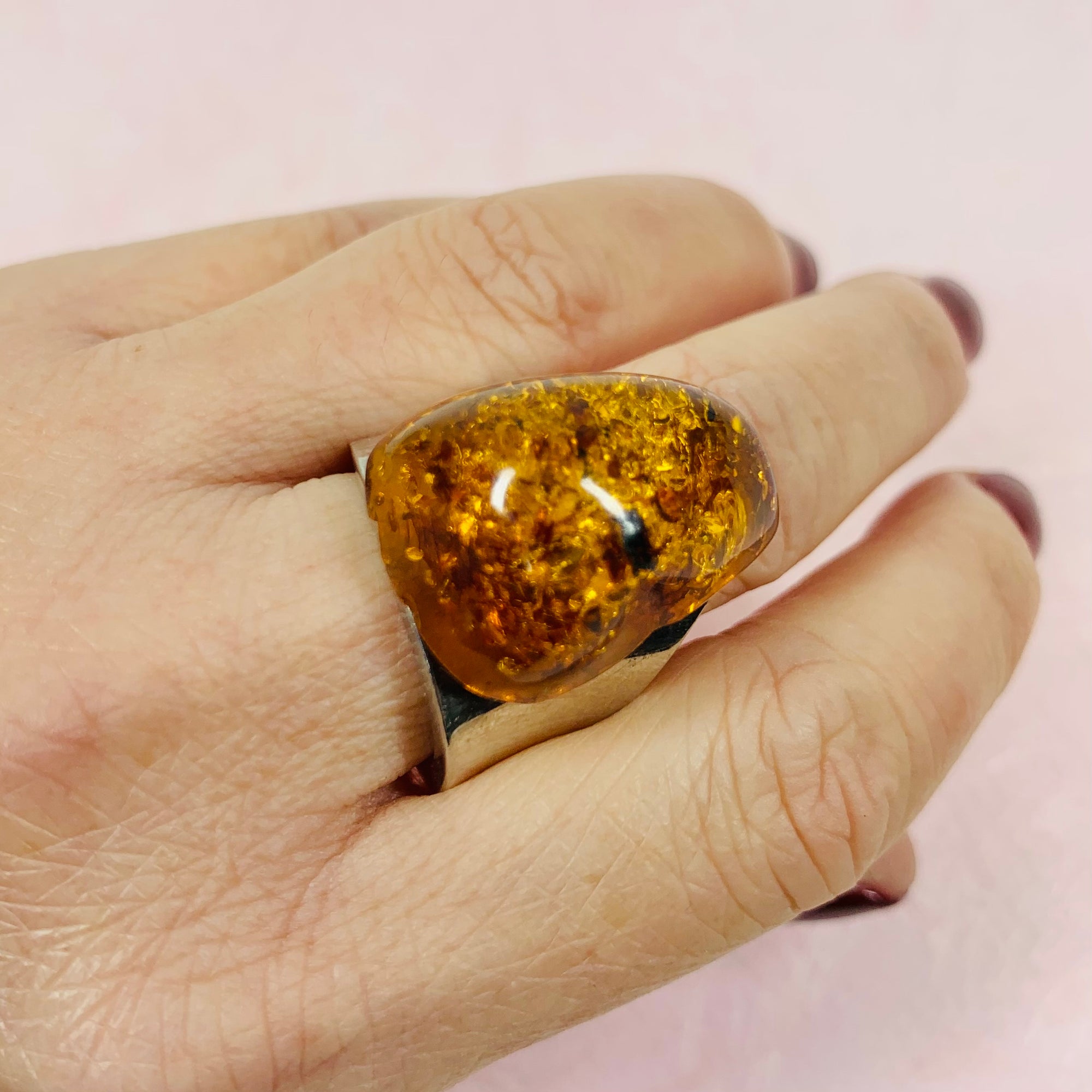 1960s MODERNIST SILVER AMBER CABOCHON RING