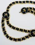 2006 CHANEL MATELASSE BLACK LEATHER GOLD PLATED LOGO BELT WITH LEATHER LOGO MEDALLIONS