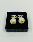1990s CHANEL CC GOLD LOGO CRYSTAL DROP PEARL PIERCED EARRINGS