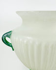 LARGE ANTIQUE ART DECO MURANO SCAVO FOOTED WHITE ACID GLASS VASE WITH GREEN HANDLES