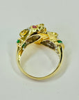 1950s 14K YELLOW GOLD DIAMOND EMERALD DOUBLE PANTHER HEADS RING WITH RUBY EYES