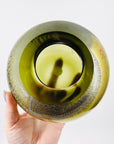 1980s MURANO GREEN SATIN GLASS SQUAT VASE WITH SILVER GOLD AVENTURINE