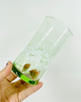 1970s LAMINATED WHITE FLOWERS GREEN GLASS TUMBLERS