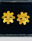 1994 CHANEL CC FILIGREE FLOWER GOLD LOGO BUTTON CLIP ON EARRINGS