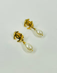 1996 CHANEL CC LOGO DROP PEARL CLIP ON EARRINGS