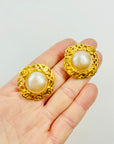 1998 CHANEL CC GOLD LOGO COSTUME PEARL BUTTON CLIP ON EARRINGS