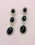 1980s SIGNED CAROL LEE COSTUME SILVER DROP CLIP ON EARRINGS WITH BLACK PASTES