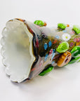 LARGE 1980s MURANO CASED WHITE GREEN MURRINE FLORAL APPLIQUE VASE