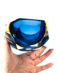 1950s MURANO MANDRUZZATO COBALT BLUE YELLOW SOMMERSO DIAMOND FACETED RECTANGULAR GLASS BOWL