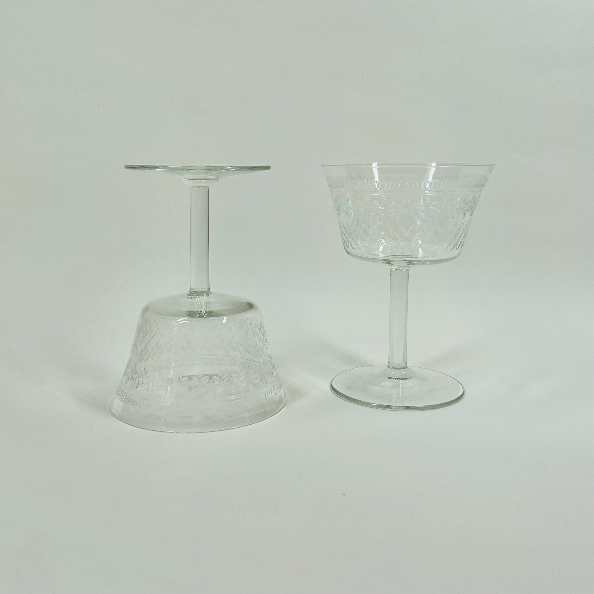 ANTIQUE ETCHED PALL MALL COUPE GLASSES