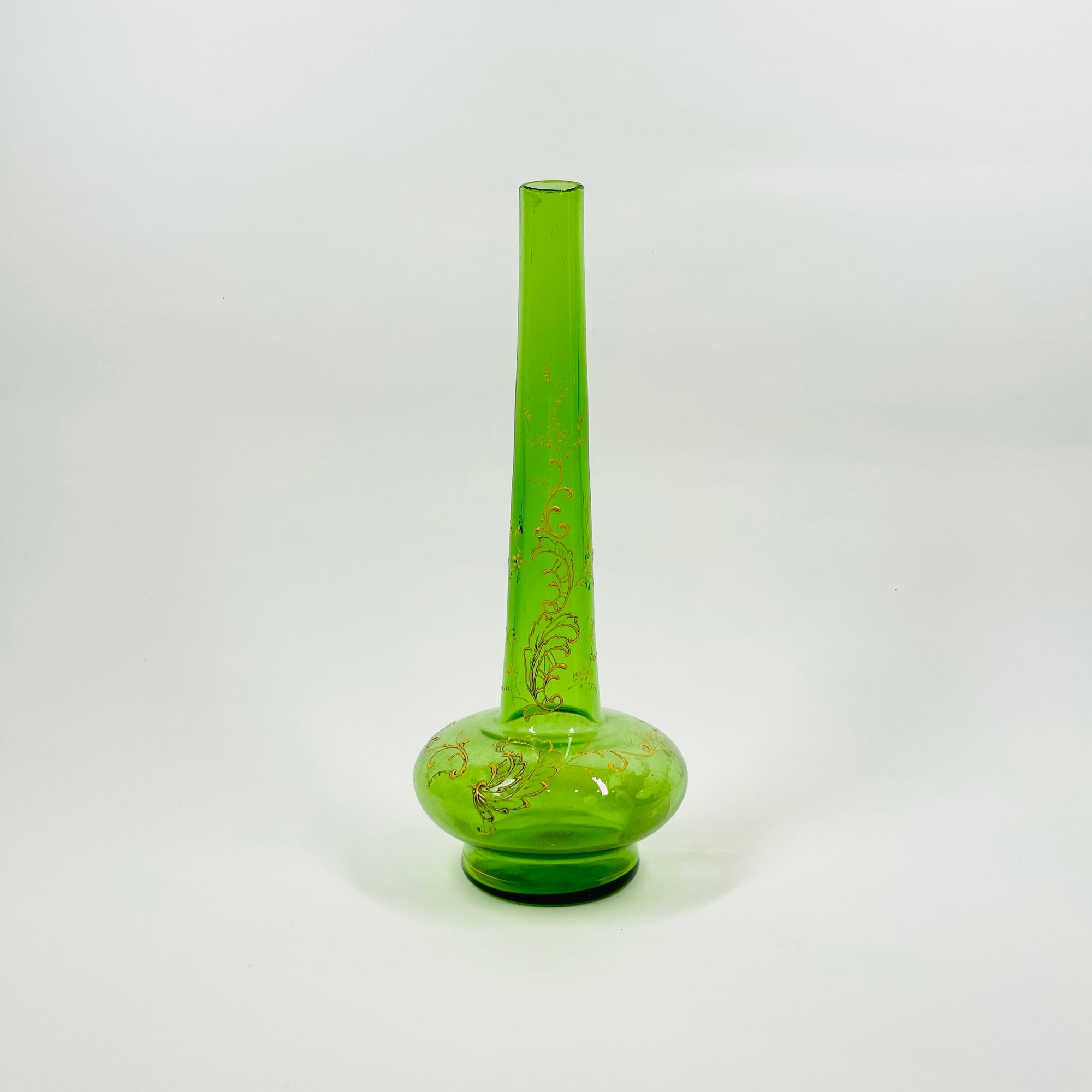 ANTIQUE VICTORIAN HAND PAINTED GREEN GLASS SPECIMEN VASE