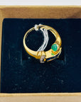 1940s 18k YELLOW GOLD BLUE SAPPHIRE EMERALD DIAMONDS PAVE TANK RING