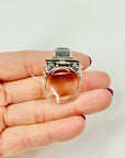 ANTIQUE GOLD SILVER COMPARTMENT RING WITH GREEN AMBER