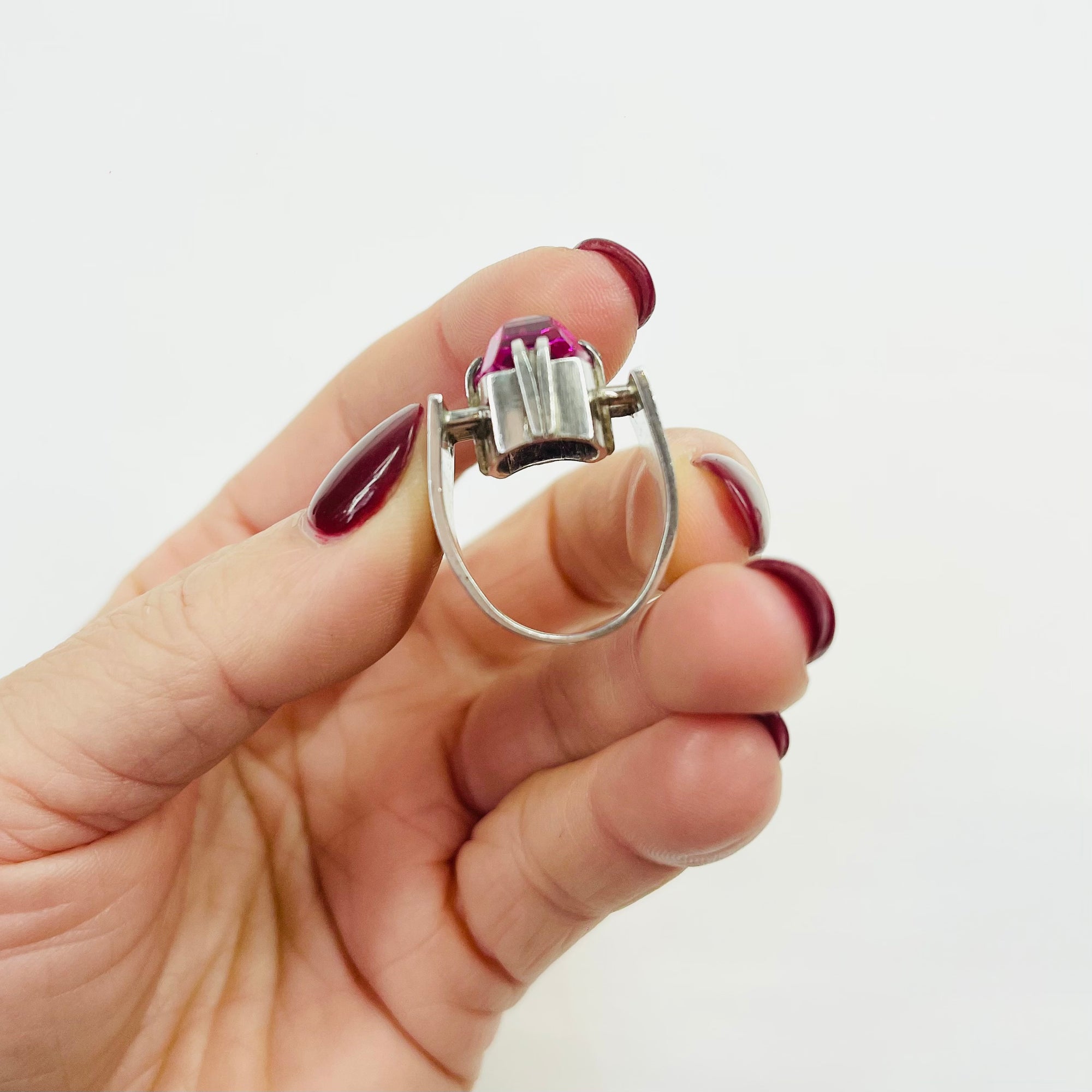 ART DECO SILVER TANK RING WITH PINK SPINEL