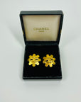 1994 CHANEL CC FILIGREE FLOWER GOLD LOGO BUTTON CLIP ON EARRINGS