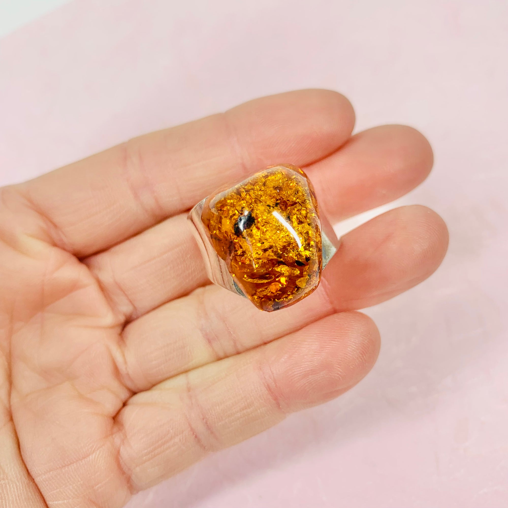 1960s MODERNIST SILVER AMBER CABOCHON RING
