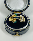 1940s 18k YELLOW GOLD BLUE SAPPHIRE EMERALD DIAMONDS PAVE TANK RING