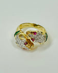 1950s 14K YELLOW GOLD DIAMOND EMERALD DOUBLE PANTHER HEADS RING WITH RUBY EYES