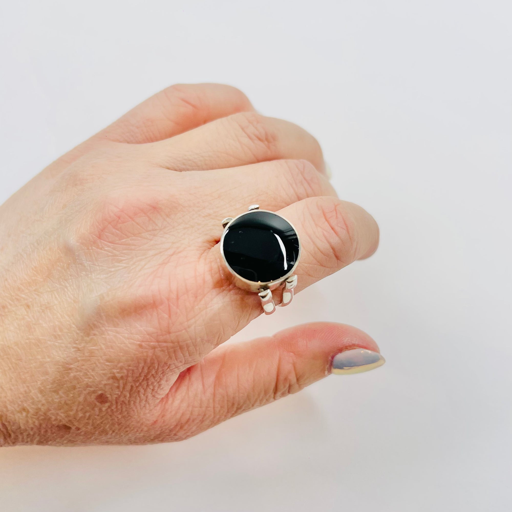 1950s DANISH SPINNER SILVER RING WITH MOHER OF PEARL AND ONYX