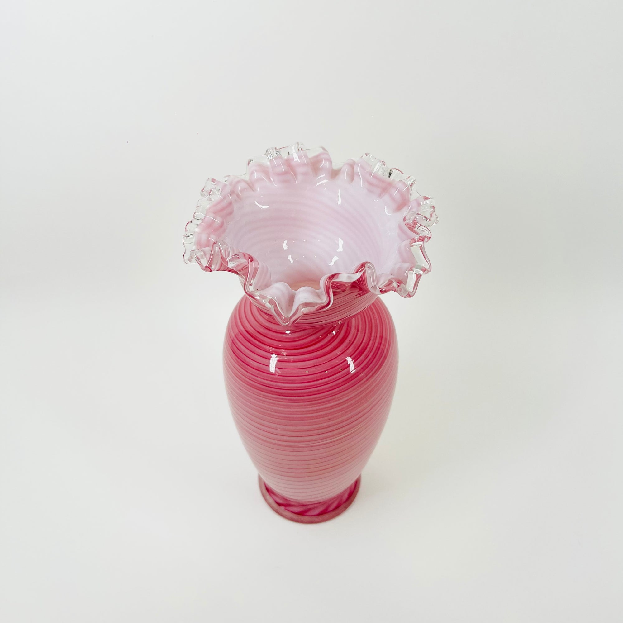 ANTIQUE MOUTH BLOWN PINK LATTICINO RUFFLE RIM VASE