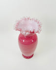 ANTIQUE MOUTH BLOWN PINK LATTICINO RUFFLE RIM VASE