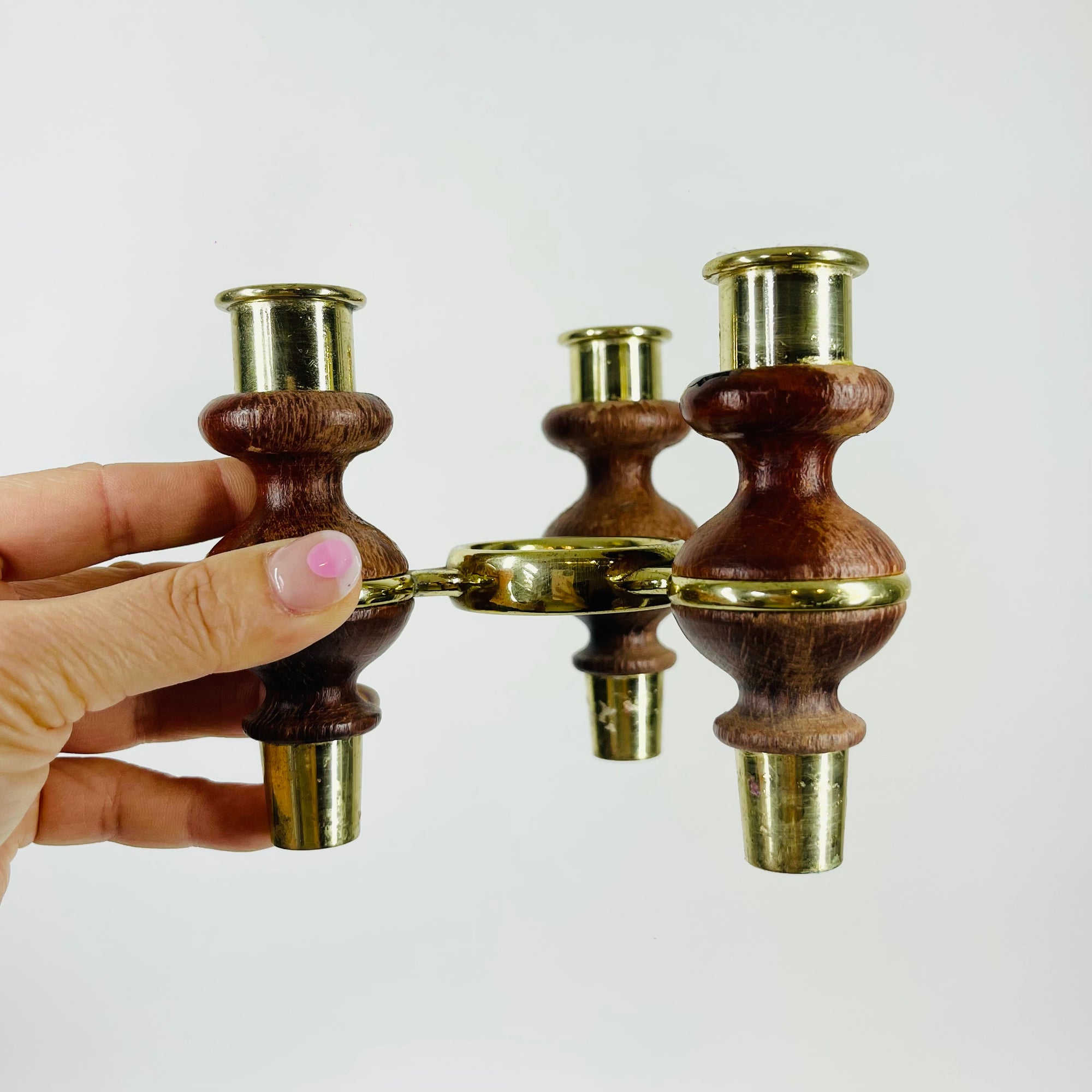 1960s SCANDINAVIAN WOOD BRASS CANDLE HOLDER
