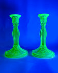 DEPRESSION URANIUM GLASS CANDLE STICKS