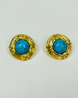 1995 CHANEL CC LOGO TURQUOISE BUTTON CLIP ON EARRINGS