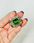 ANTIQUE GOLD SILVER COMPARTMENT RING WITH GREEN AMBER