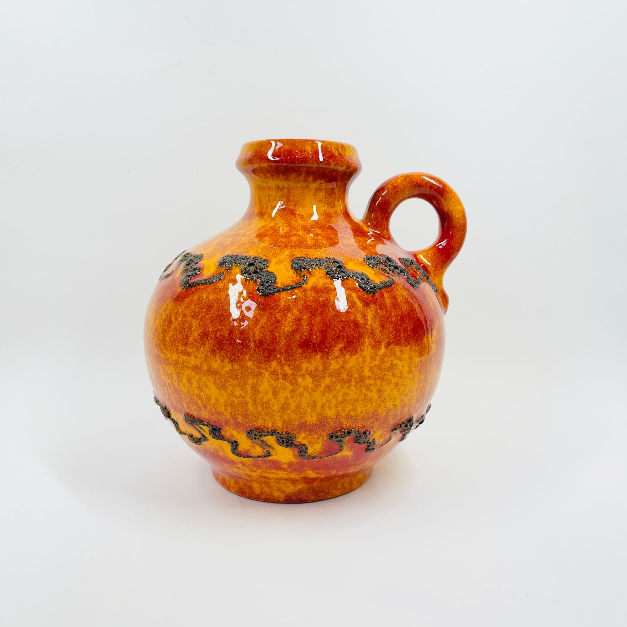 1960s WEST GERMAN ORANGE FAT LAVA ROUND POTTERY JUG VASE BY KREUTZ KERAMIK