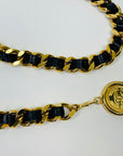 1980s CHANEL BLACK LEATHER GOLD PLATED LOGO BELT