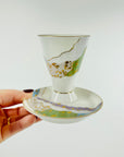 1970s HAND PAINTED JAPANESE FINE BONE PORCELAIN SAKE CUP & SAUCER