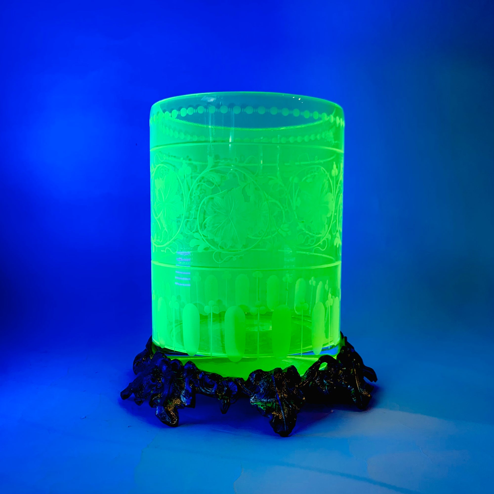 ETCHED URANIUM GLASS VASE