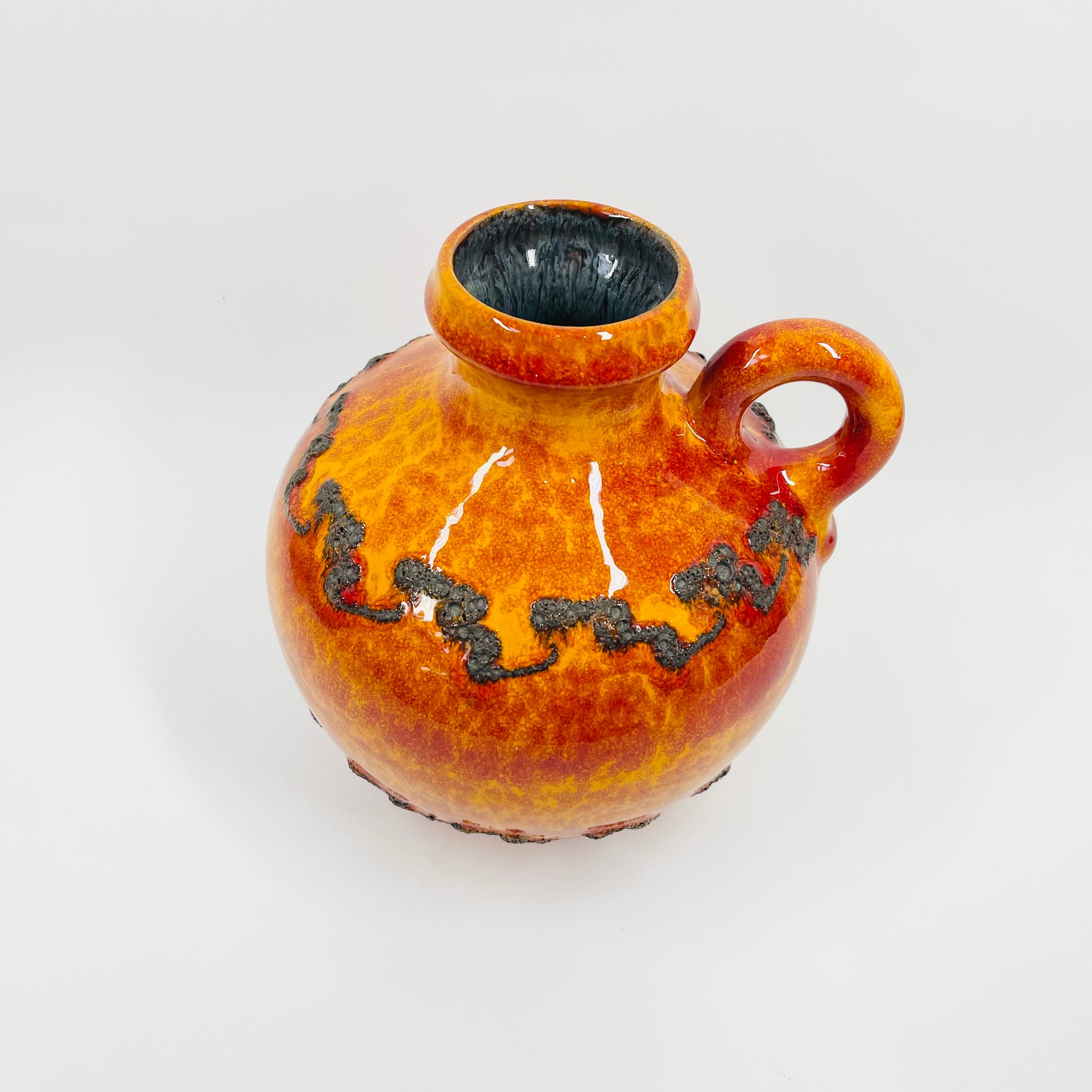 1960s WEST GERMAN ORANGE FAT LAVA ROUND POTTERY JUG VASE BY KREUTZ KERAMIK