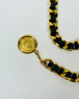 1980s CHANEL BLACK LEATHER GOLD PLATED LOGO BELT