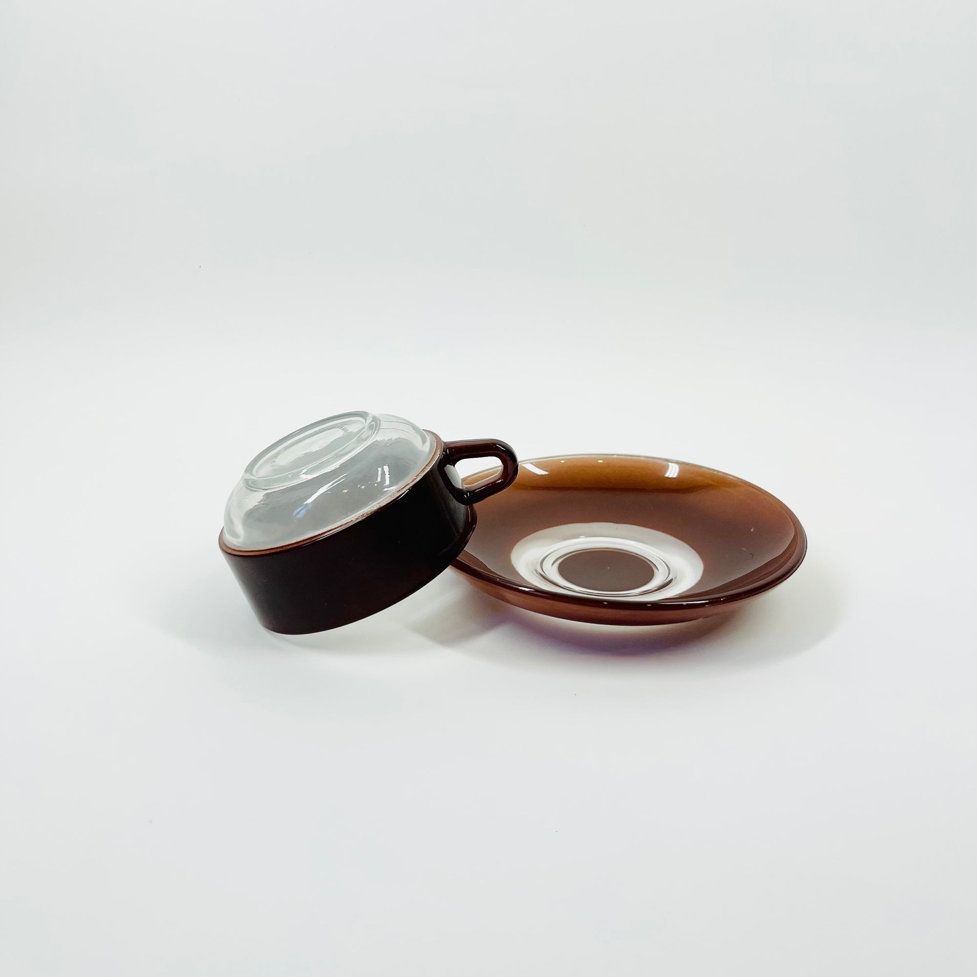 1950s FRENCH DURALEX BROWN GLASS EPSRESSO CUP AND SAUCER