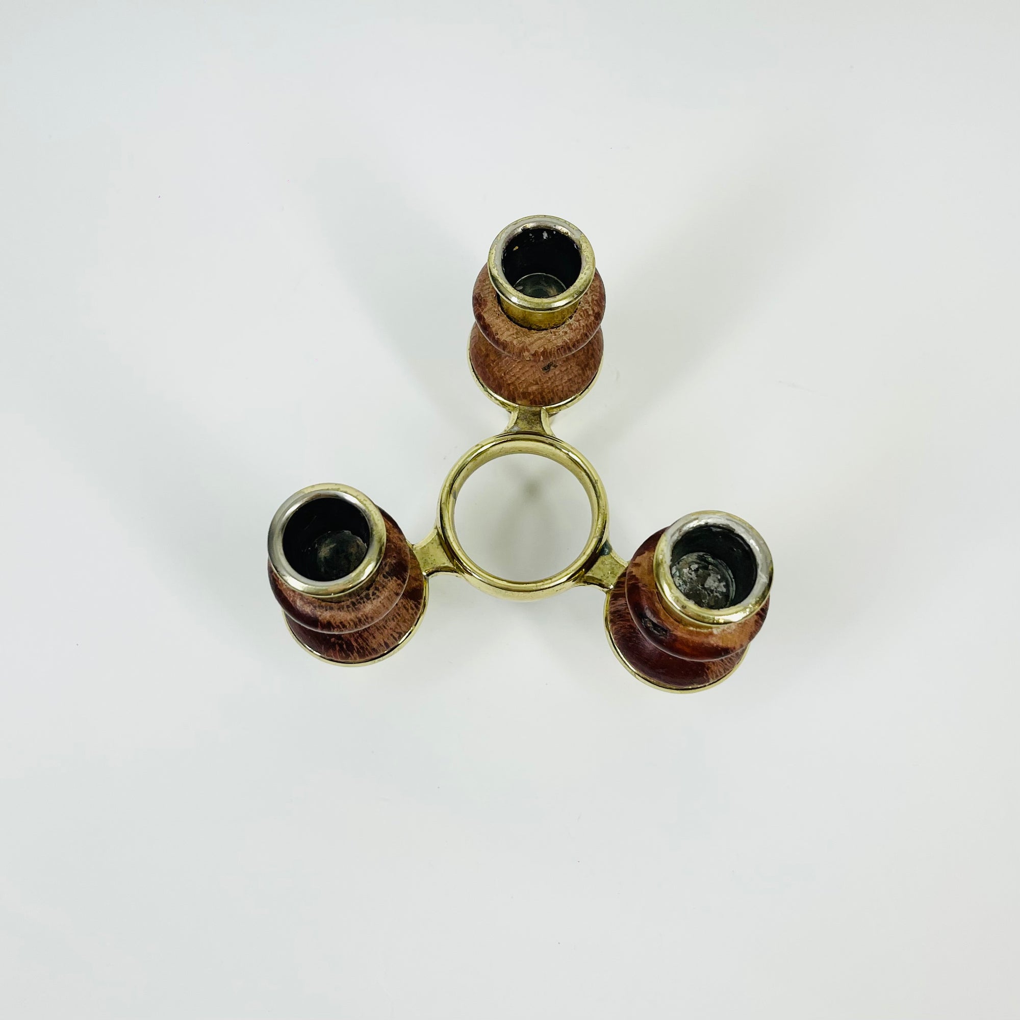 1960s SCANDINAVIAN WOOD BRASS CANDLE HOLDER