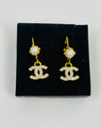 1990s CHANEL CC GOLD LOGO CRYSTAL PEARL PIERCED EARRINGS