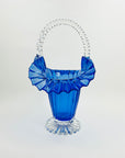 ANTIQUE VICTORIAN COBALT BLUE PRESSED RUFFLE GLASS BASKET/VASE