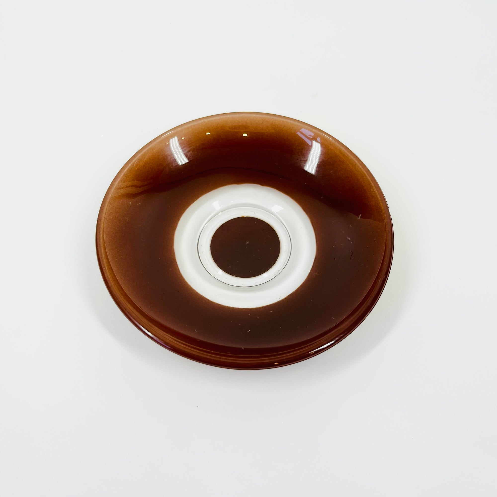 1950s FRENCH DURALEX BROWN GLASS EPSRESSO CUP AND SAUCER