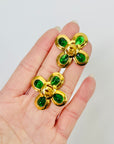 1980s CHANEL GRIPOIX GREEN GLASS FLOWERS CLIP ON EARRINGS