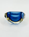 1950s MURANO MANDRUZZATO COBALT BLUE YELLOW SOMMERSO DIAMOND FACETED RECTANGULAR GLASS BOWL