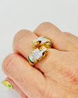 1950s 14K YELLOW GOLD DIAMOND EMERALD DOUBLE PANTHER HEADS RING WITH RUBY EYES