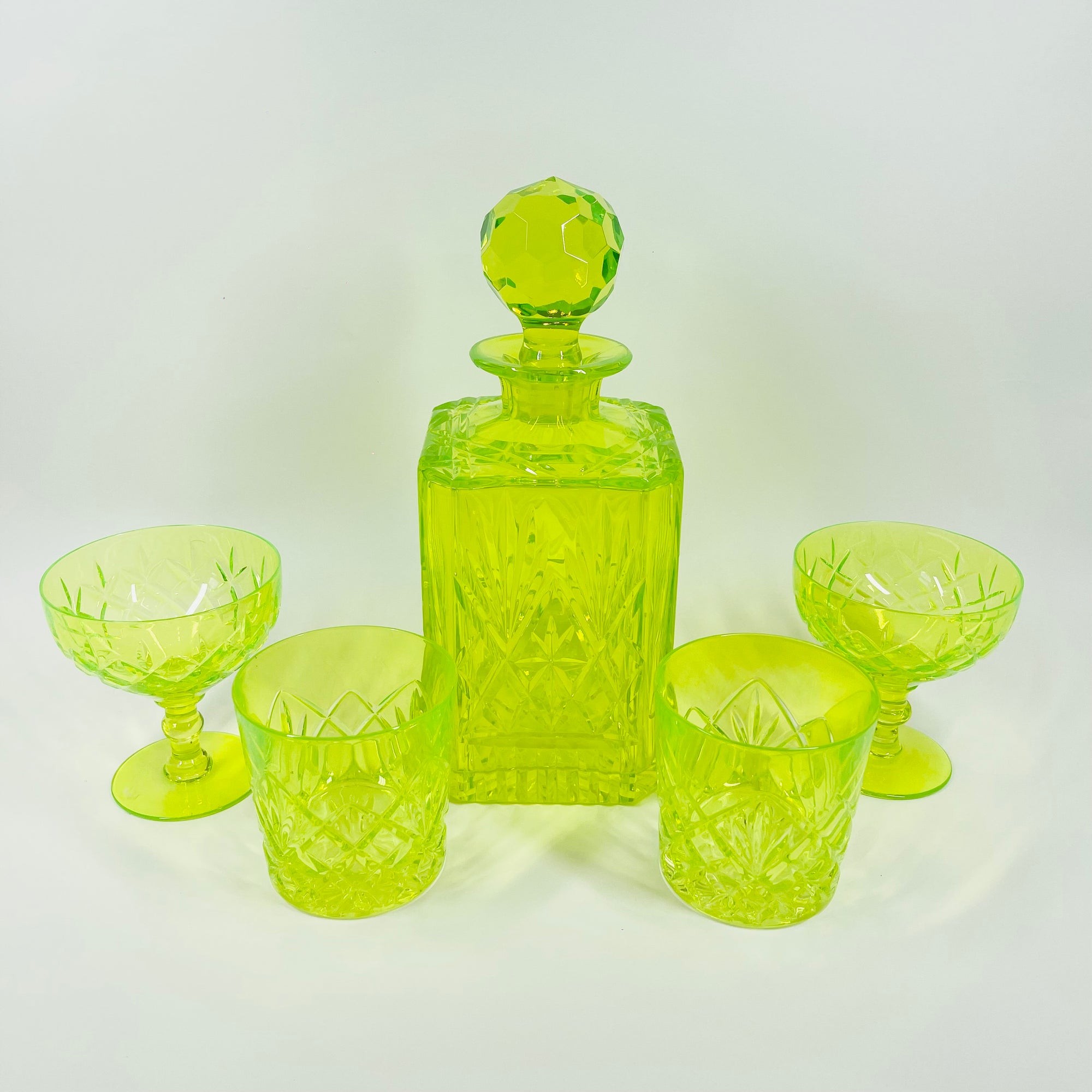 ANTIQUE URANIUM GLASS WHISKEY SET