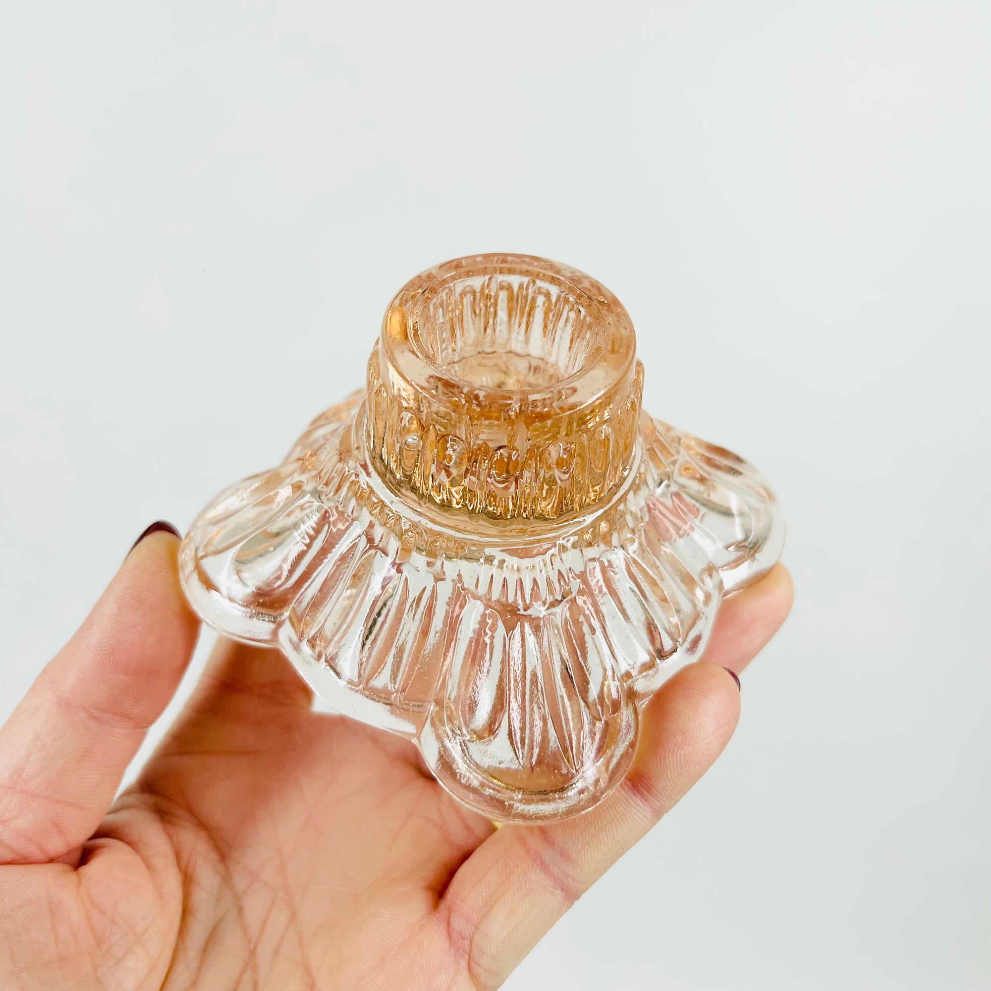 ANTIQUE DEPRESSION PRESSED PINK GLASS CANDLE HOLDER